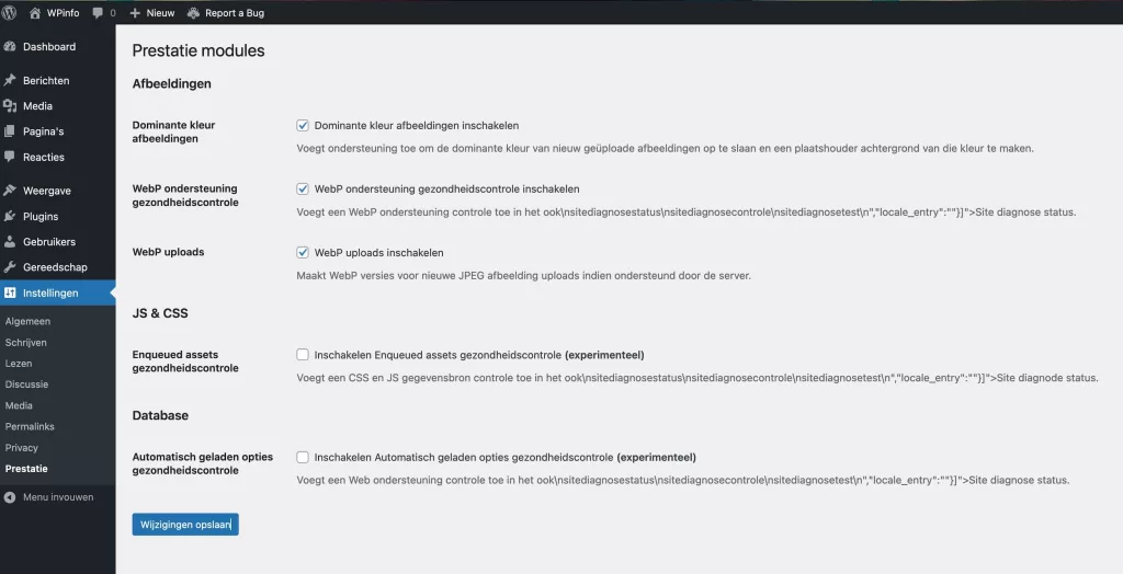 Instellingen van de Performance Lab plugin.