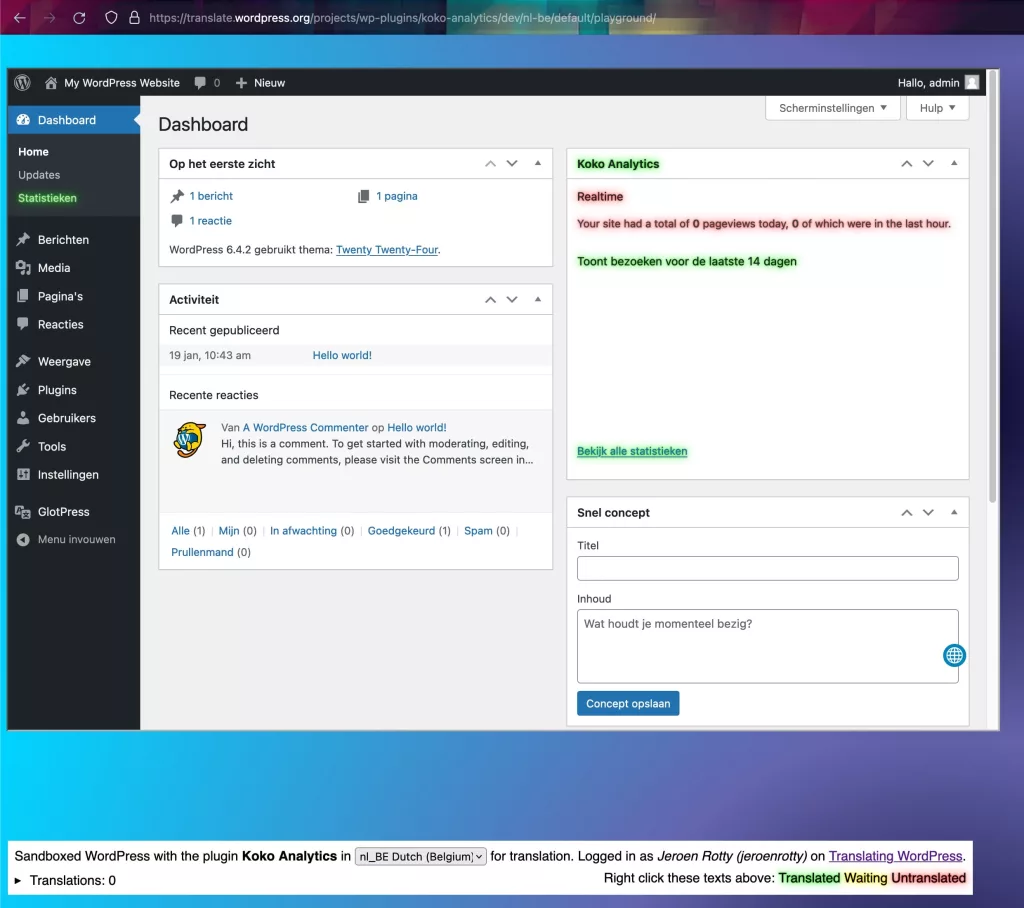 Screenshot van WordPress Playground met Koko Analytics. Klaar om te vertalen.