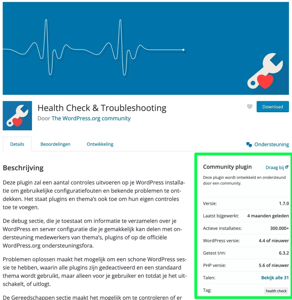 Een WordPress.org plugin pagina met details over de Health Check & Troubleshooting plugin
