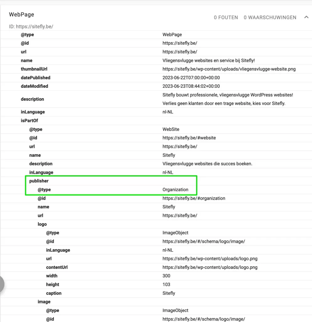 Een voorbeeld van schema.org output