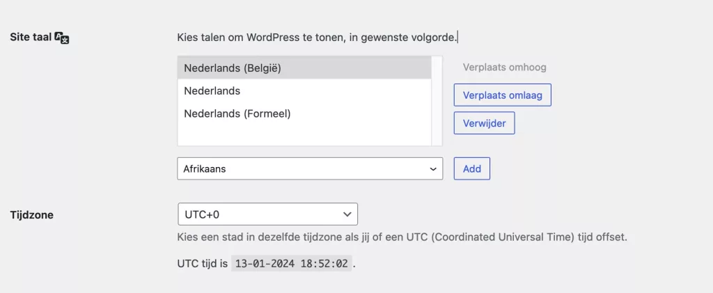Taalinstelling met de Preferred Languages plugin.